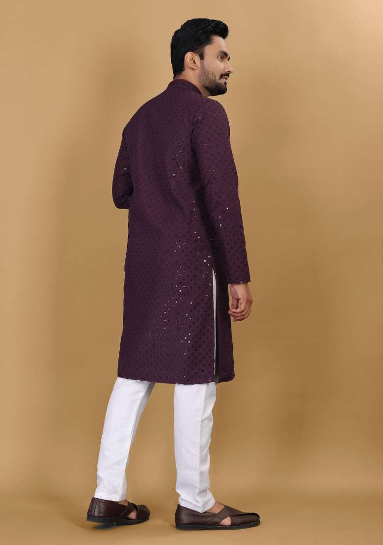 Wine Sequins Work Cotton Kurta With Pyjama For Men - Indya