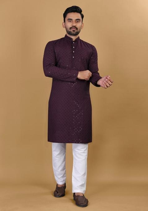 Wine Sequins Work Cotton Kurta With Pyjama For Men