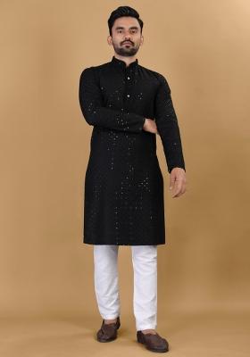 Black Sequins Work Cotton Kurta With Pyjama For Men