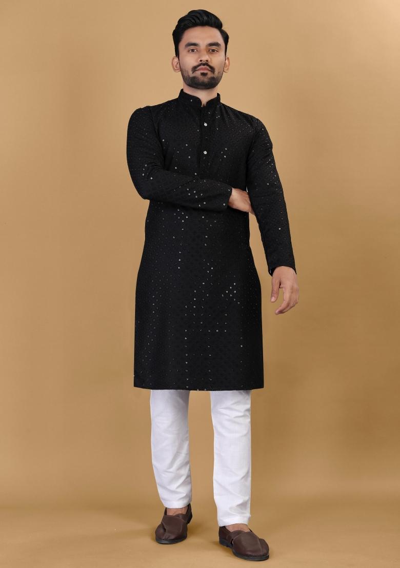 Black Sequins Work Cotton Kurta With Pyjama For Men