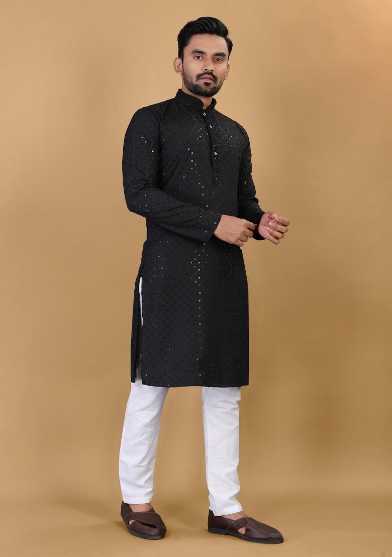 Black Sequins Work Cotton Kurta With Pyjama For Men - Indya