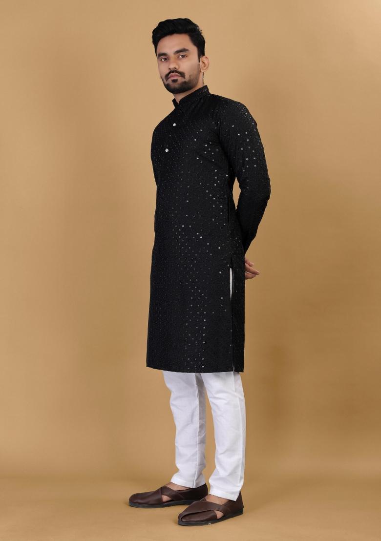 Black Sequins Work Cotton Kurta With Pyjama For Men - Indya