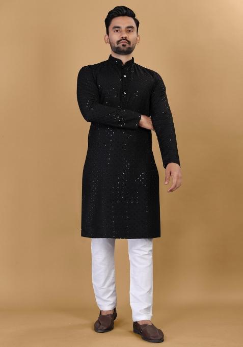 Black Sequins Work Cotton Kurta With Pyjama For Men