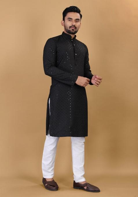 Black Sequins Work Cotton Kurta With Pyjama For Men