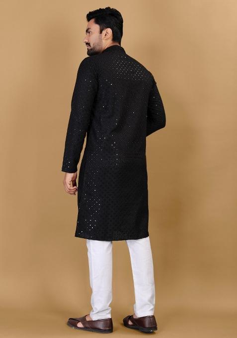 Black Sequins Work Cotton Kurta With Pyjama For Men