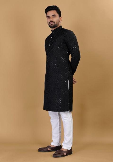 Black Sequins Work Cotton Kurta With Pyjama For Men
