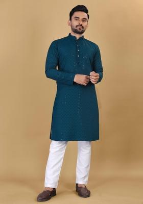 Rama Sequins Work Cotton Kurta With Pyjama For Men