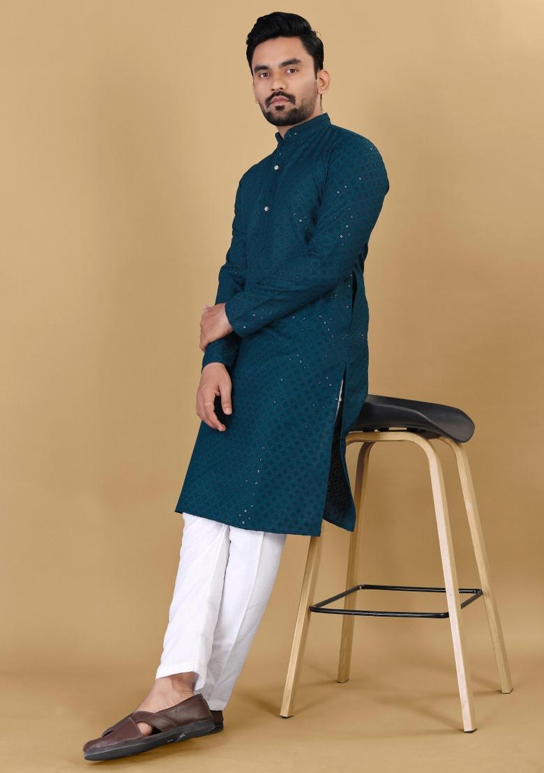Rama Sequins Work Cotton Kurta With Pyjama For Men - Indya