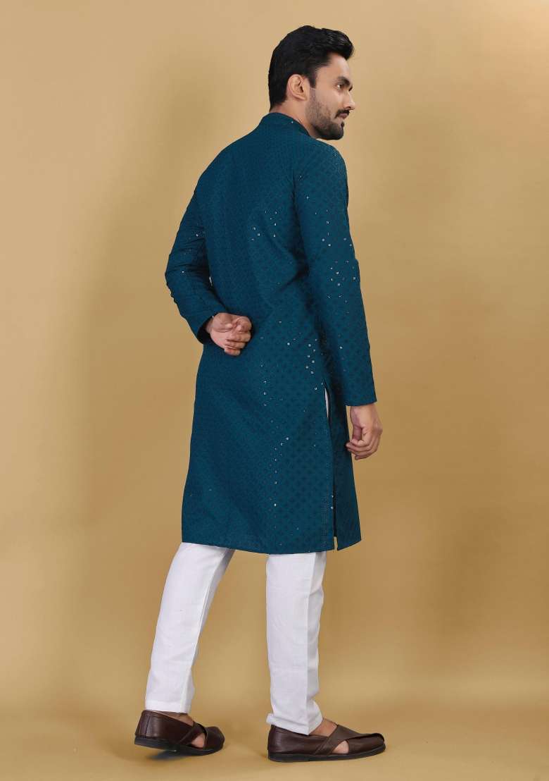 Rama Sequins Work Cotton Kurta With Pyjama For Men - Indya