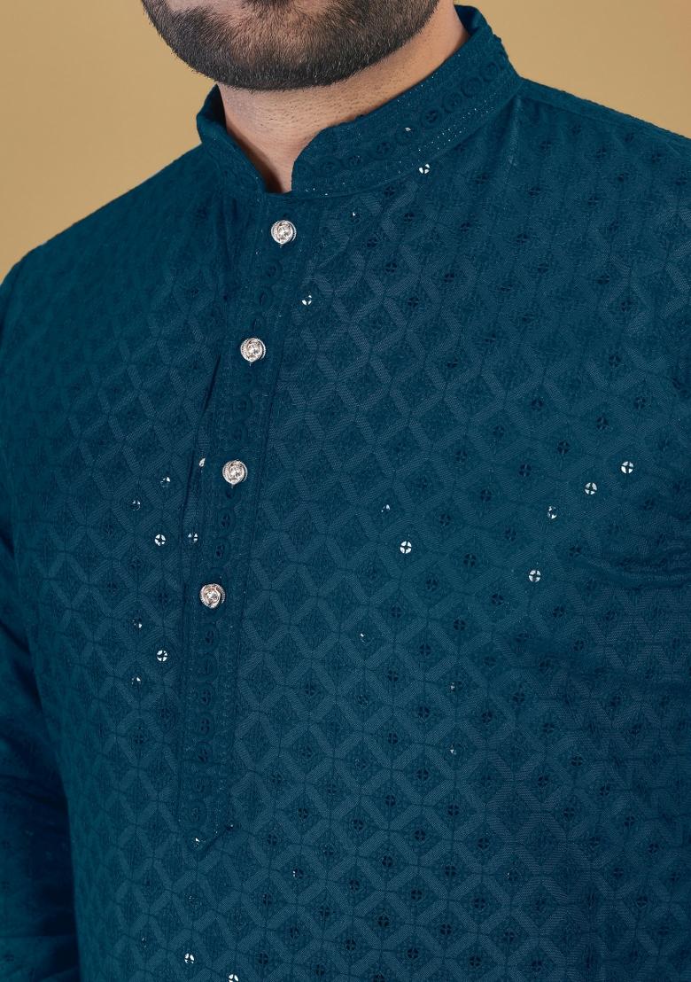 Rama Sequins Work Cotton Kurta With Pyjama For Men - Indya
