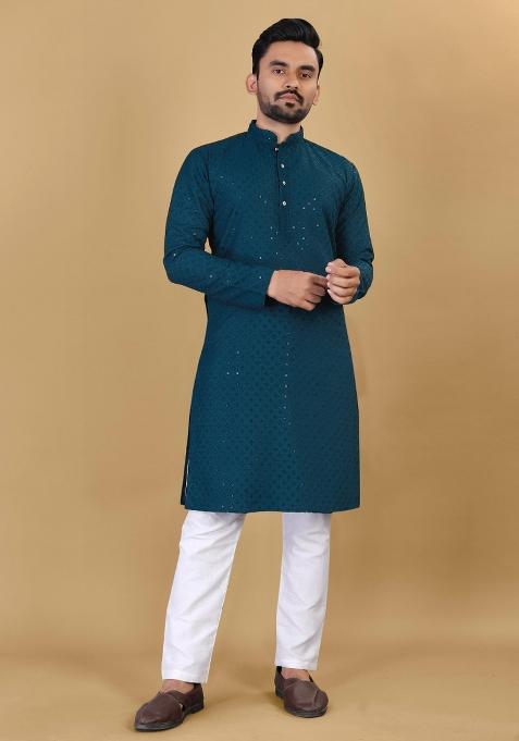Rama Sequins Work Cotton Kurta With Pyjama For Men