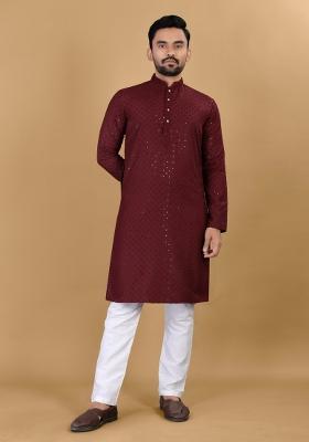 Maroon Sequins Work Cotton Kurta With Pyjama For Men