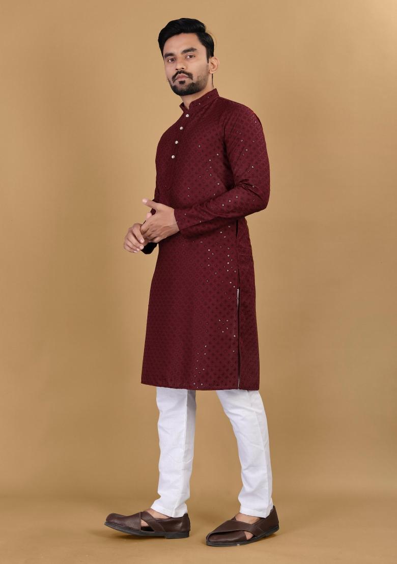 Maroon Sequins Work Cotton Kurta With Pyjama For Men - Indya
