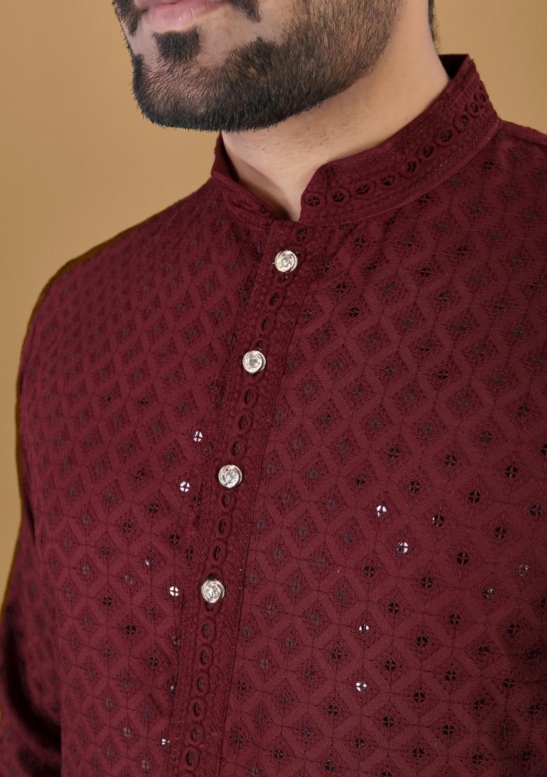 Maroon Sequins Work Cotton Kurta With Pyjama For Men - Indya