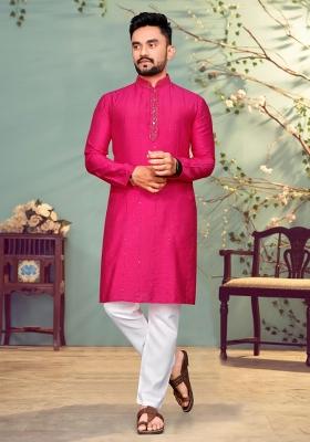 Pink Sequins Work Viscose Kurta With Pyjama For Men