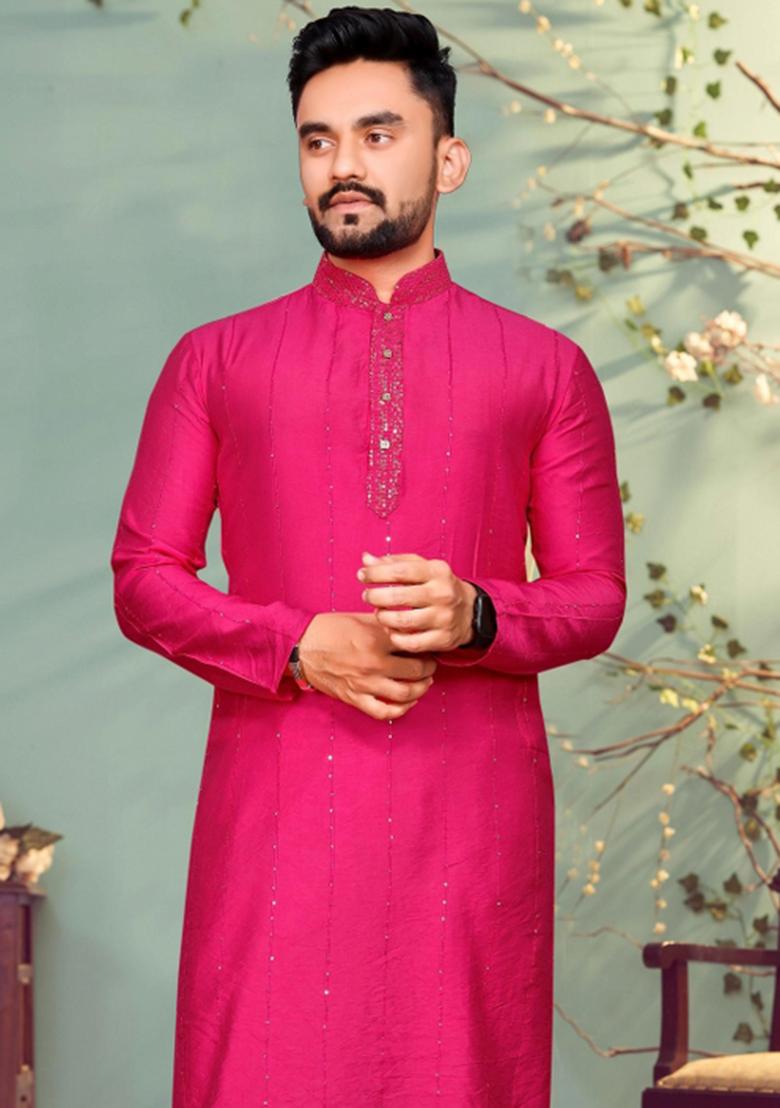 Pink Sequins Work Viscose Kurta With Pyjama For Men - Indya