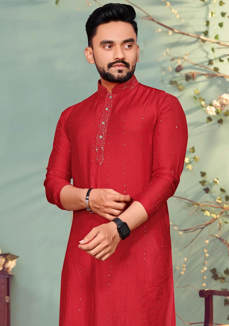 Red Sequins Work Viscose Kurta With Pyjama For Men - Indya