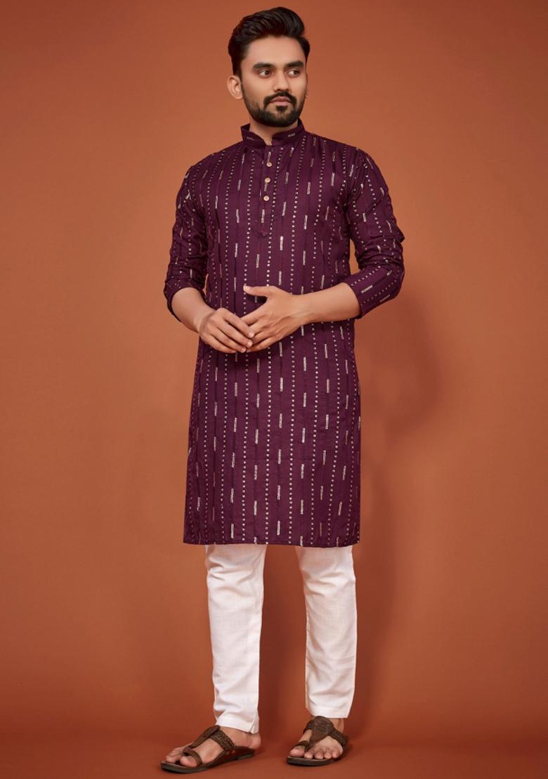 Wine Sequins Work Cotton Kurta With Pyjama For Men