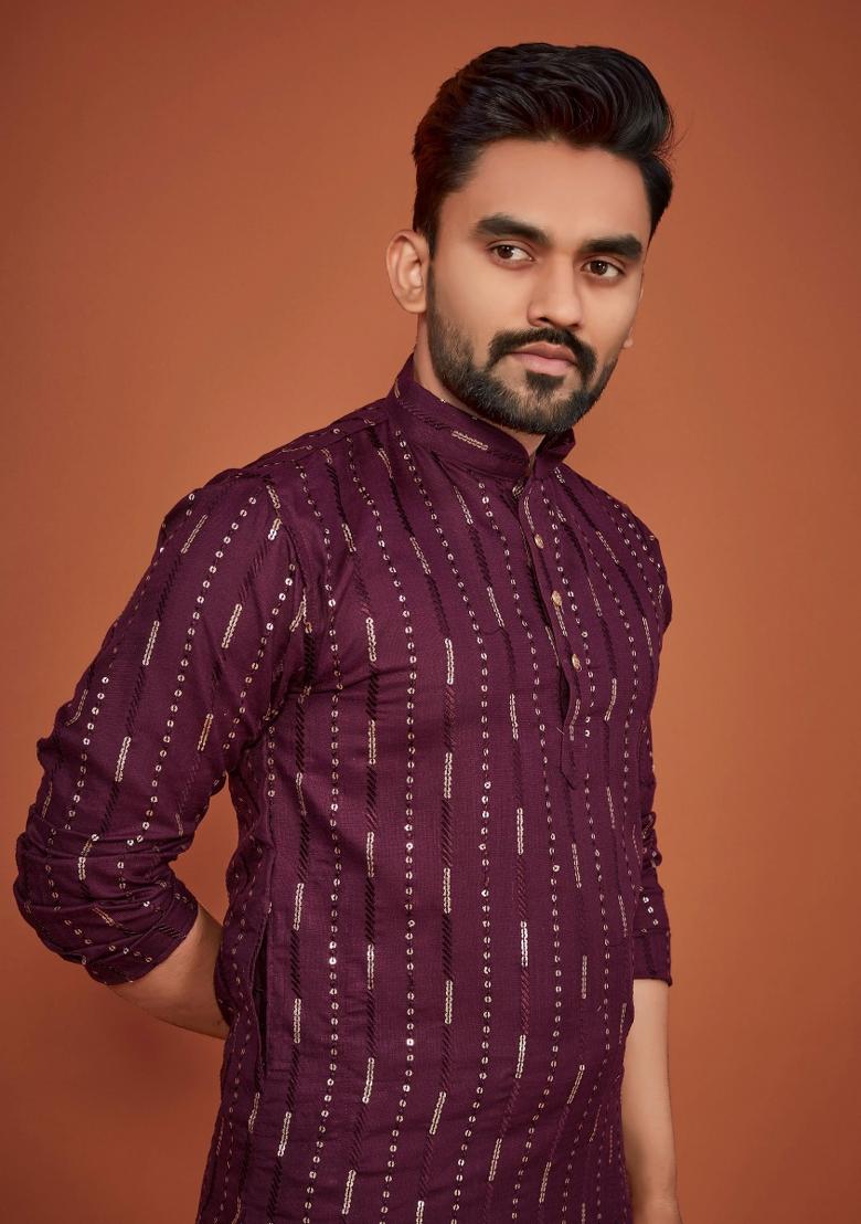 Wine Sequins Work Cotton Kurta With Pyjama For Men