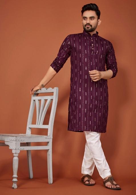 Wine Sequins Work Cotton Kurta With Pyjama For Men