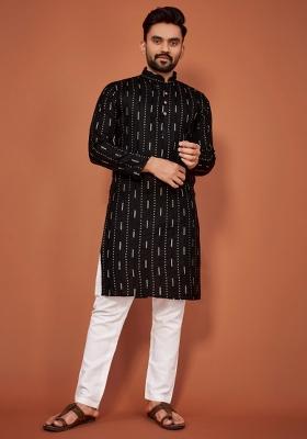 Black Sequins Work Cotton Kurta With Pyjama For Men