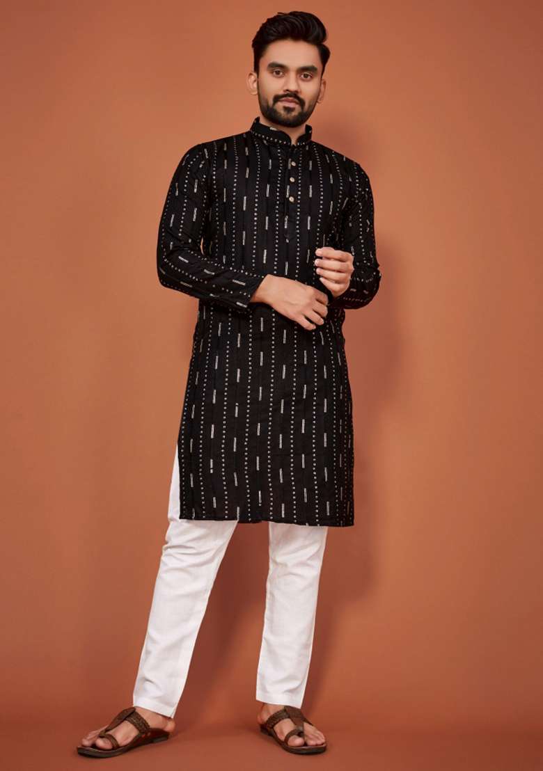 Black Sequins Work Cotton Kurta With Pyjama For Men - Indya