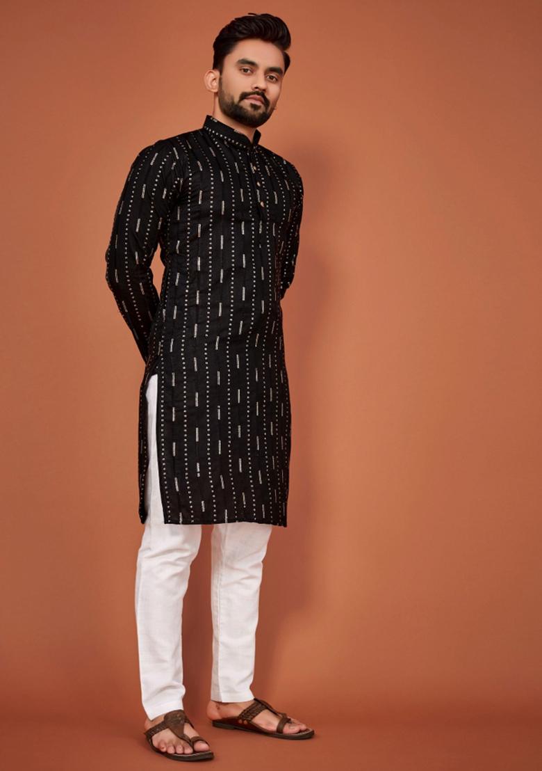 Black Sequins Work Cotton Kurta With Pyjama For Men - Indya