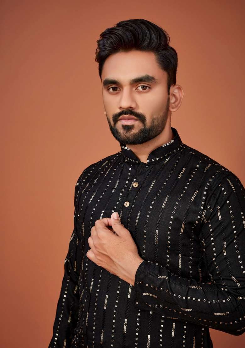 Black Sequins Work Cotton Kurta With Pyjama For Men - Indya