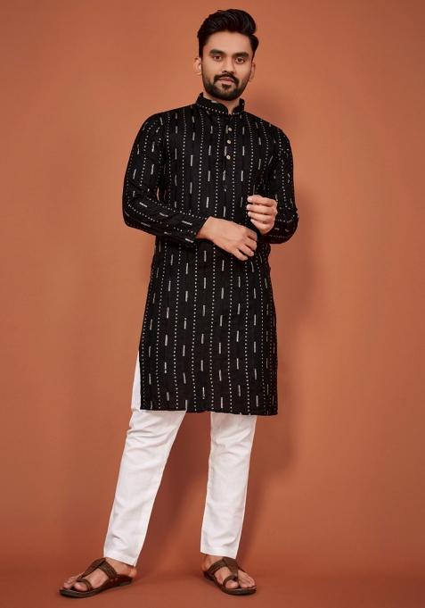 Black Sequins Work Cotton Kurta With Pyjama For Men
