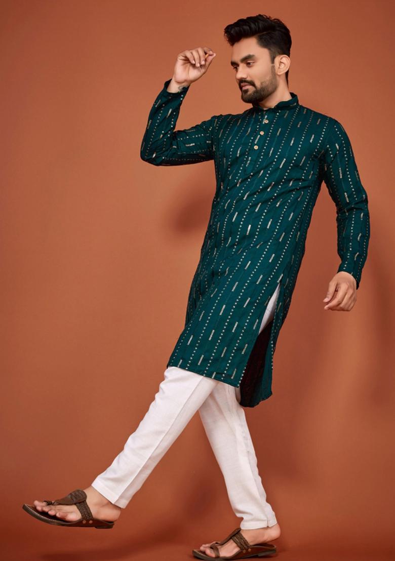 Rama Sequins Work Cotton Kurta With Pyjama For Men - Indya