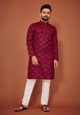 Maroon Sequins Work Cotton Kurta With Pyjama For Men