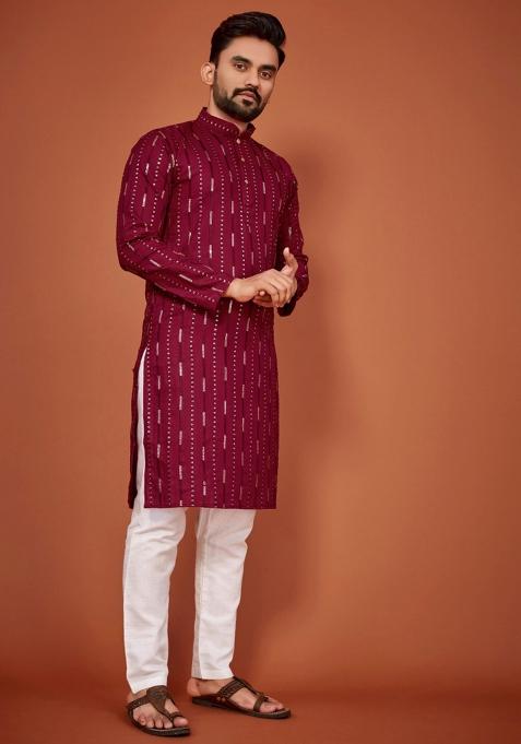 Maroon Sequins Work Cotton Kurta With Pyjama For Men