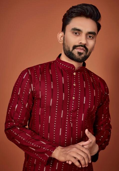 Maroon Sequins Work Cotton Kurta With Pyjama For Men