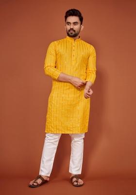 Yellow Sequins Work Cotton Kurta With Pyjama For Men