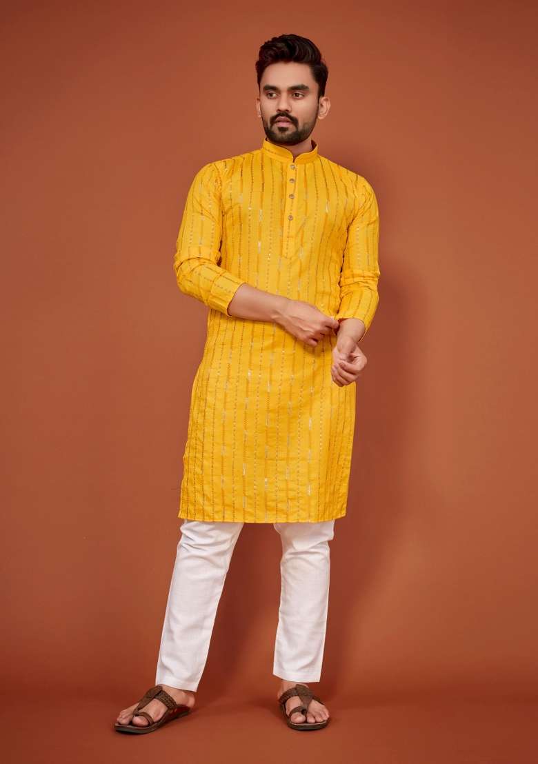 Yellow Sequins Work Cotton Kurta With Pyjama For Men - Indya