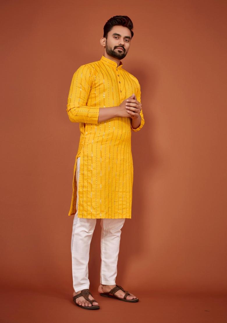 Yellow Sequins Work Cotton Kurta With Pyjama For Men - Indya