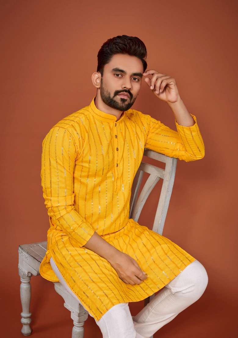 Yellow Sequins Work Cotton Kurta With Pyjama For Men - Indya