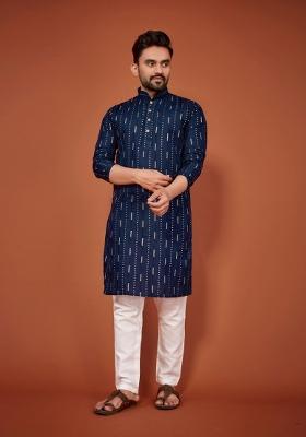 Blue Sequins Work Cotton Kurta With Pyjama For Men