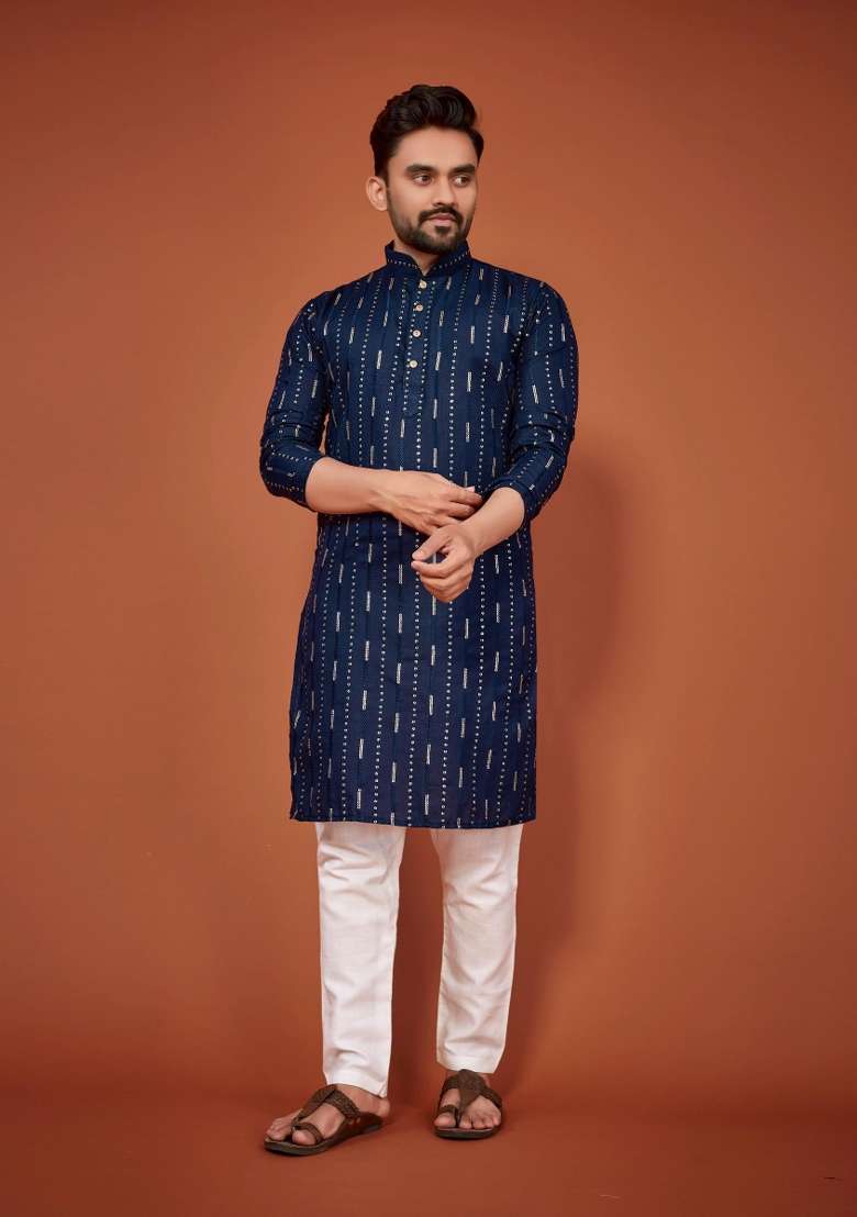 Blue Sequins Work Cotton Kurta With Pyjama For Men - Indya