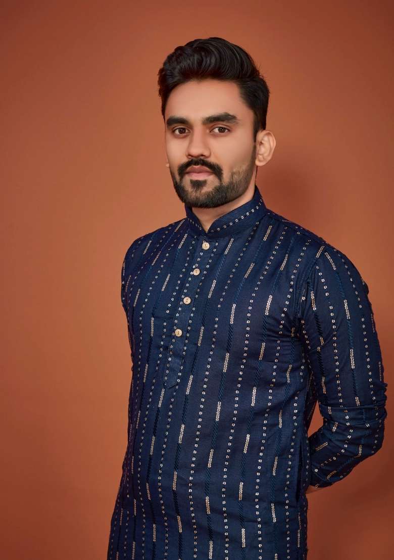 Blue Sequins Work Cotton Kurta With Pyjama For Men - Indya