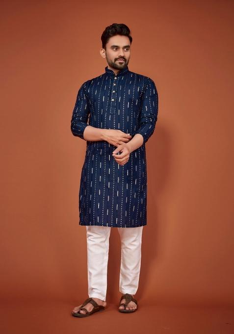 Blue Sequins Work Cotton Kurta With Pyjama For Men