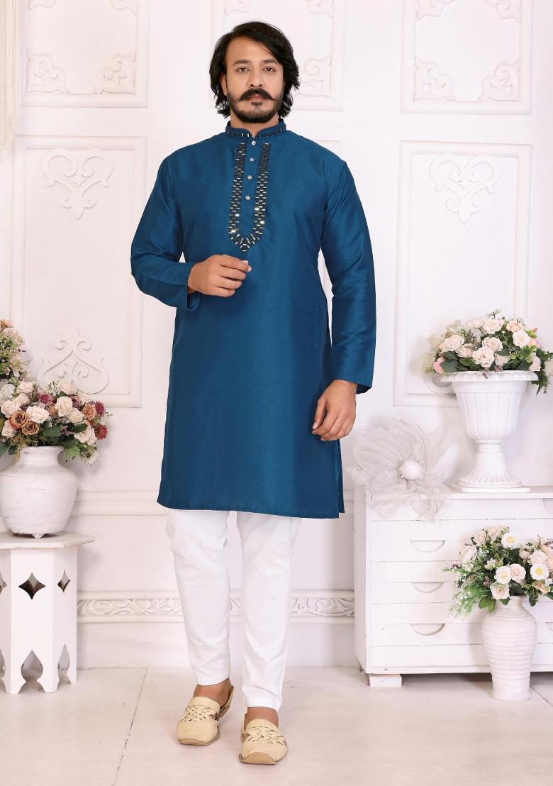 Blue Sequins Work Silk Kurta With Pyjama For Men