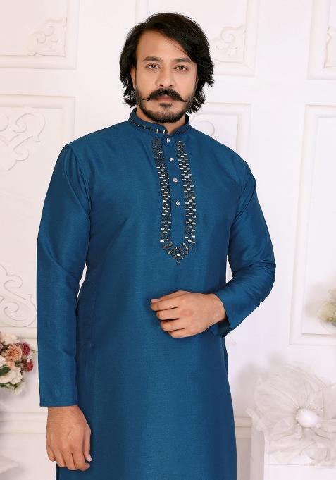 Blue Sequins Work Silk Kurta With Pyjama For Men
