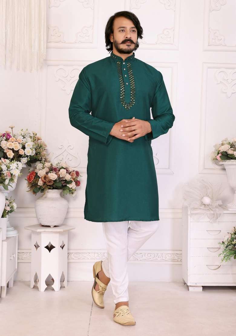 Teal Sequins Work Silk Blend Kurta With Pyjama For Men - Indya