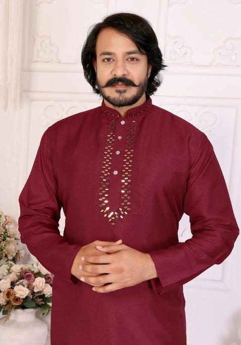 Maroon Sequins Work Silk Kurta With Pyjama For Men