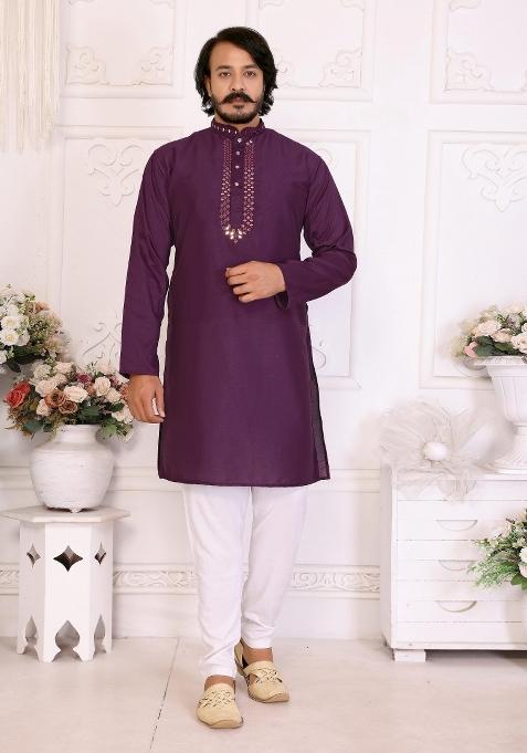 Purple Sequins Work Silk Kurta With Pyjama For Men