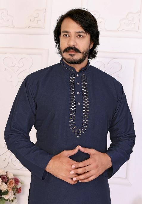 Navy Blue Sequins Work Silk Kurta With Pyjama For Men