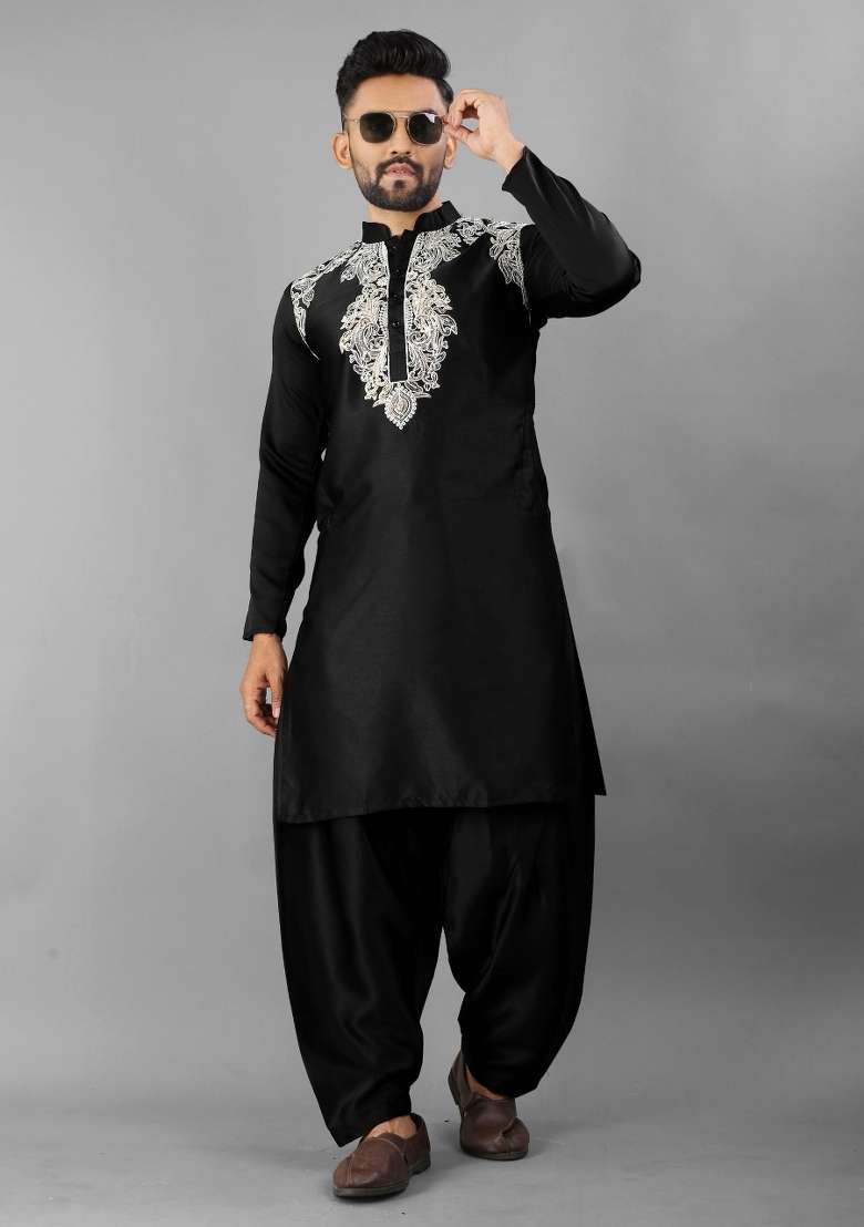 Black Embroidered Silk Blend Kurta With Pyjama For Men - Indya