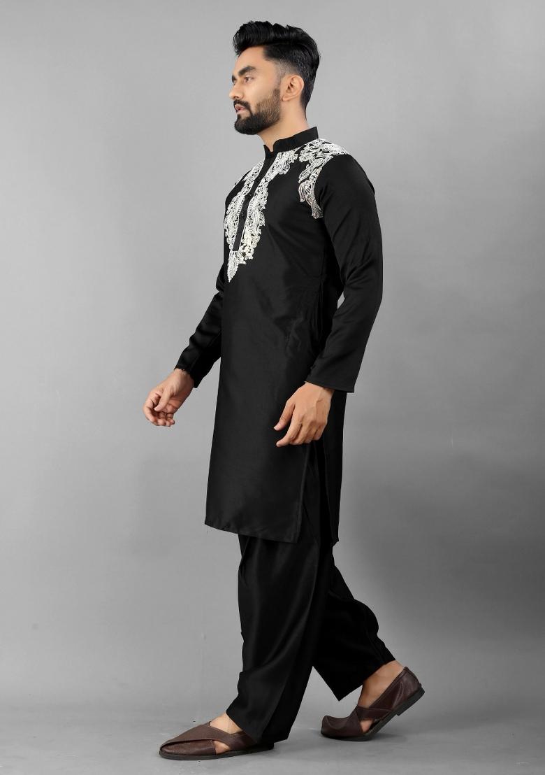 Black Embroidered Silk Kurta With Pyjama For Men - Indya