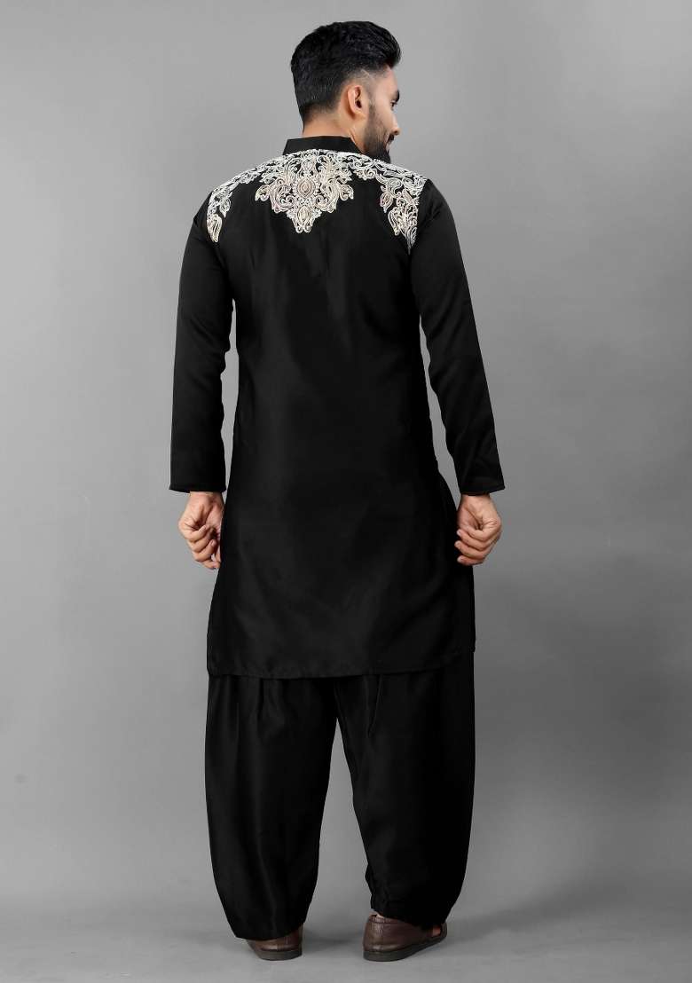 Black Embroidered Silk Blend Kurta With Pyjama For Men - Indya